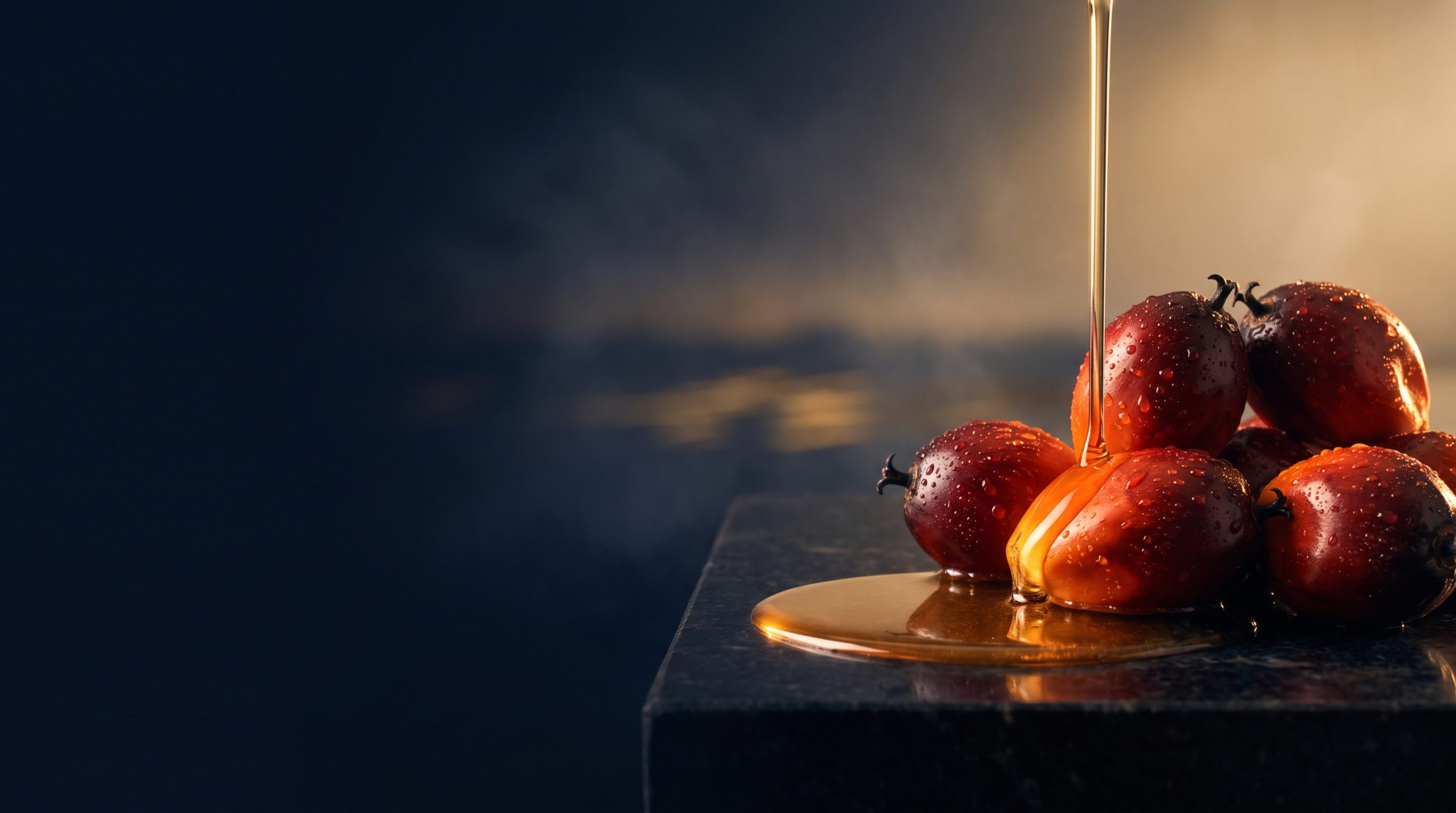 Oil palm fruit with oil being poured
